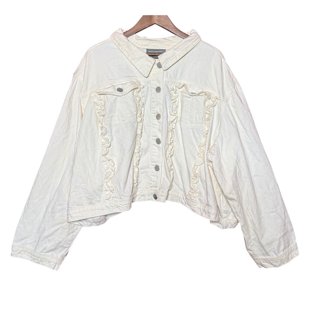 Kate‎ & Mallory Women Size 3X Cream Ruffle Trim Cropped Denim Jacket 63301EV